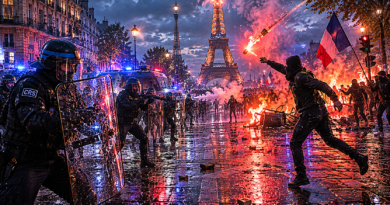 Paris riots 2026 – burning vehicles and riot police on Champs-Élysées