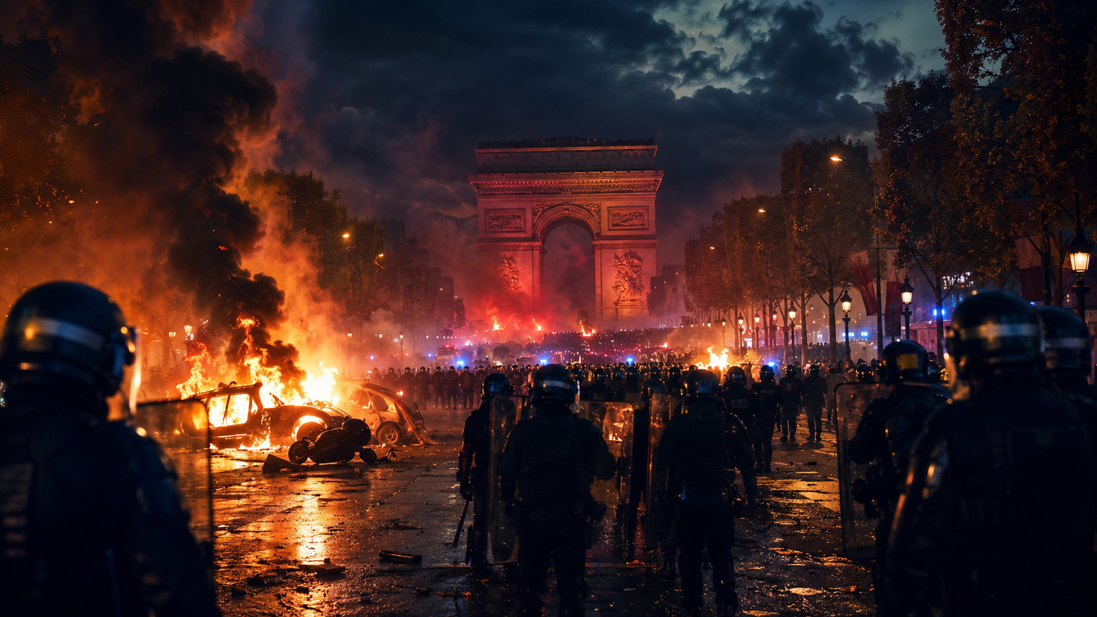 Paris Riots – PSG Victory Celebrations Turn to Chaos, Nearly 900 Arrests 2 Paris riots 2026 – burning vehicles and riot police on Champs-Élysées
