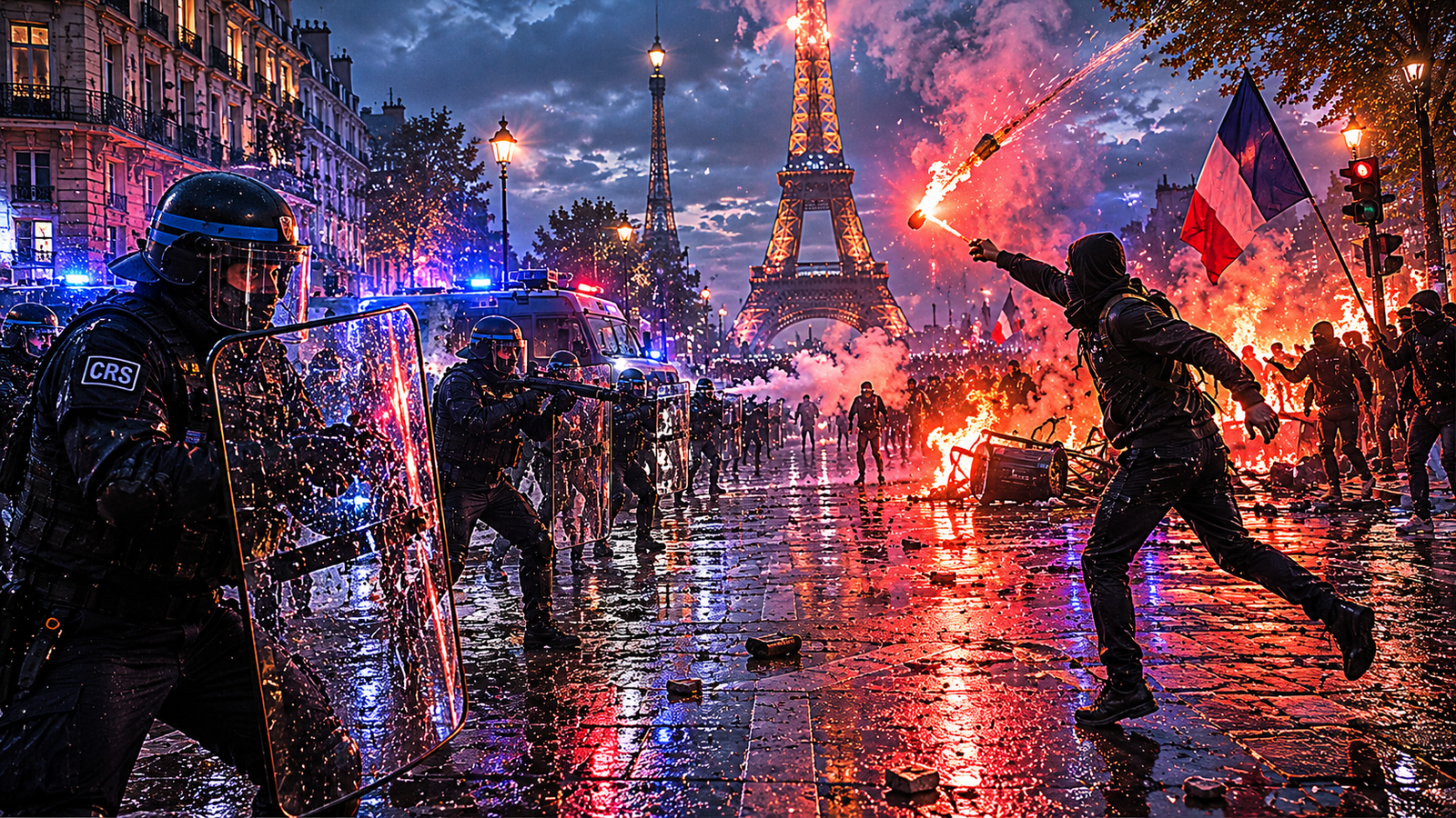 Paris riots 2026 – burning vehicles and riot police on Champs-Élysées